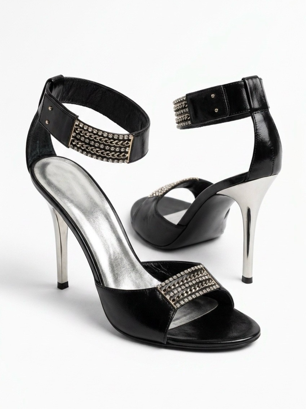 Giuseppe Zanotti Black Leather Ankle-Strap Heels with Crystal Stones Size: 40 EU